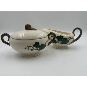 Poppytrail by Metlox California Ivy Sugar Bowl & Creamer Set Lid Leaf Branch